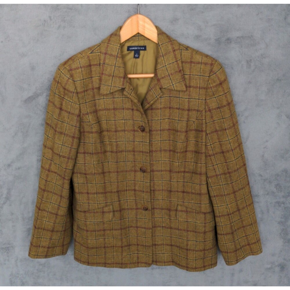Lands End Wool Blazer Women's 10 Brown Checks Three Button Jacket Lined Classic